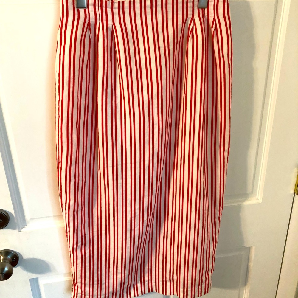 TOTOnKO Strawberries & Cream Striped Linen Cotton Blend Midi Skirt M